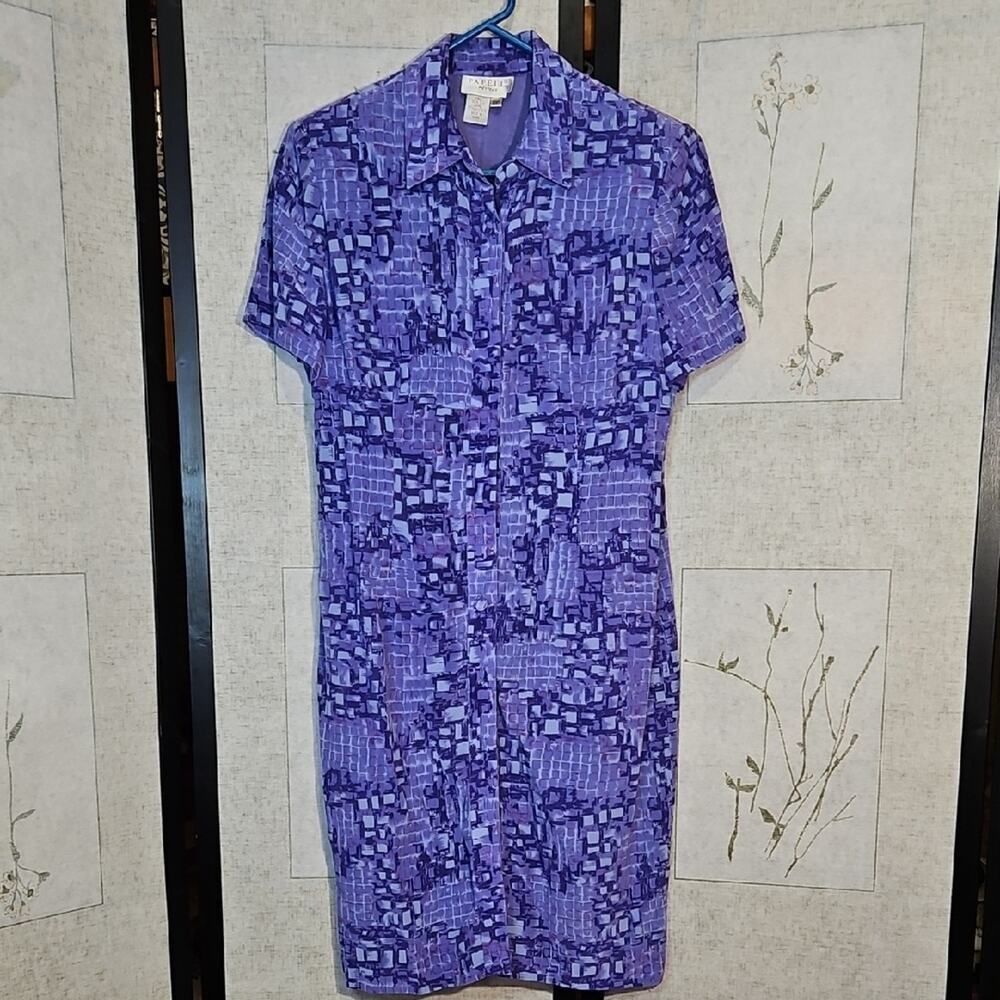 Purple Midi Dress with Abstract Print and Short Sleeves